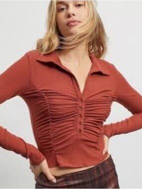 Urban Outfitters Rust Ruched Collared Long-Sleeve Top
